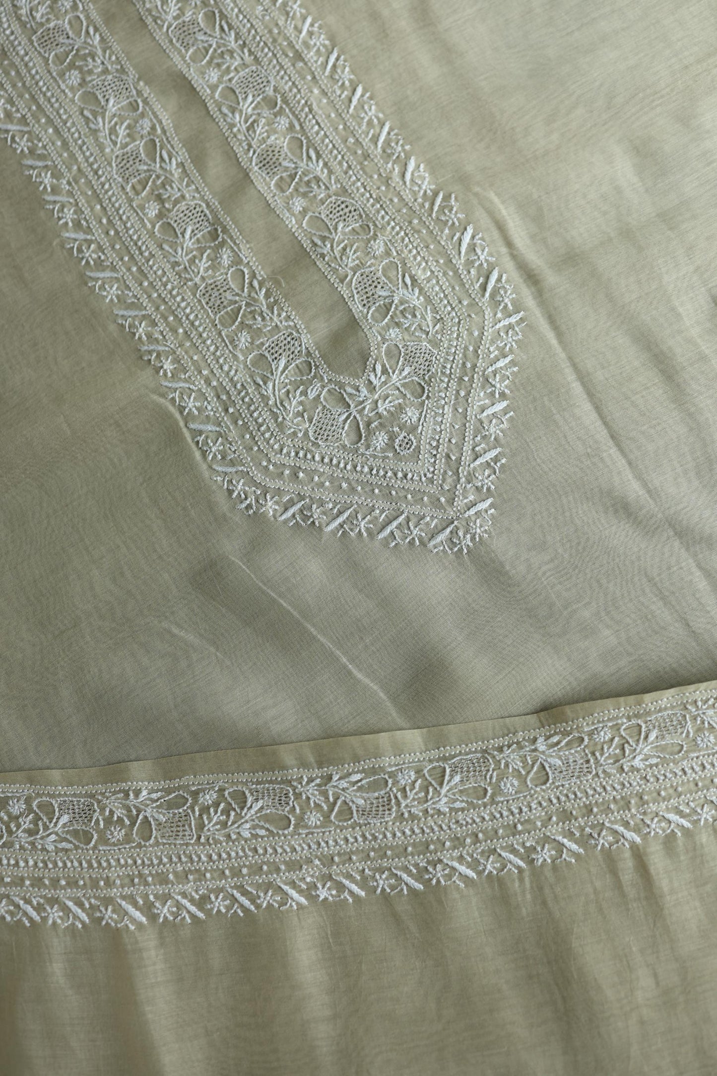 Olive Green Mulmul Chikankari Unstitched Men's Kurtas Fabric