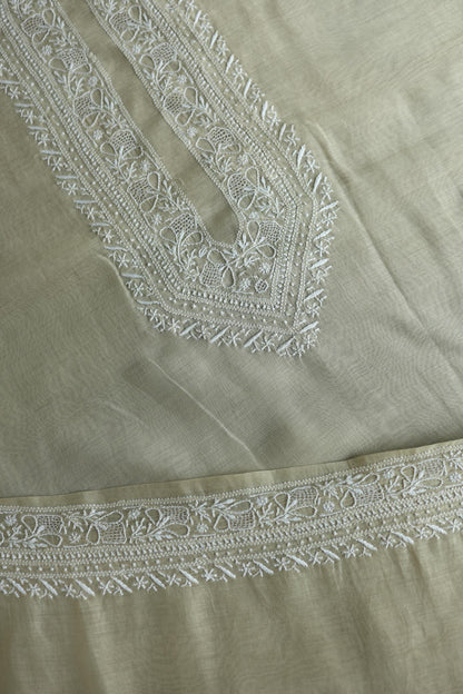 Olive Green Mulmul Chikankari Unstitched Men's Kurtas Fabric