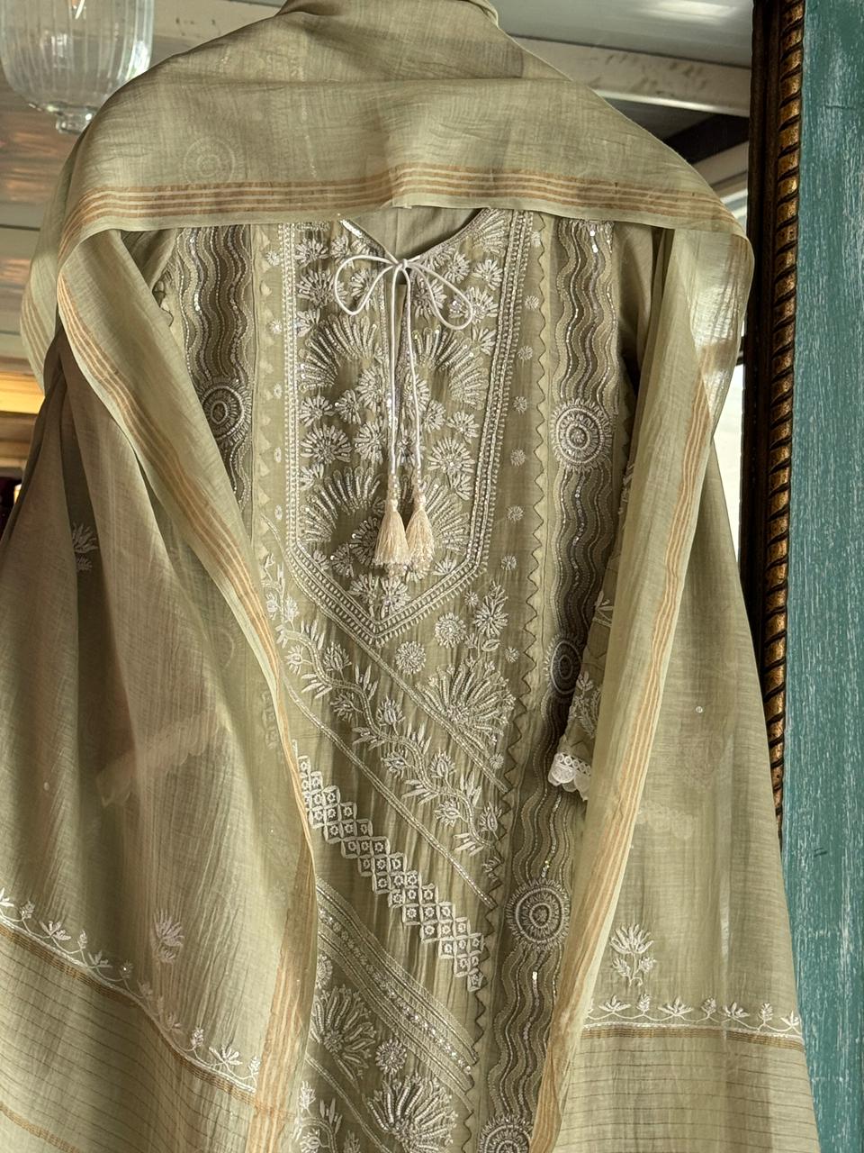 Olive Green Mulmul Pearl White Chikankari Ready to Wear Kurta Set