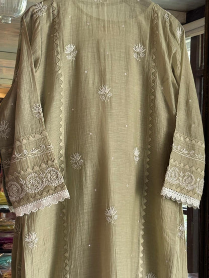 Olive Green Mulmul Pearl White Chikankari Ready to Wear Kurta Set