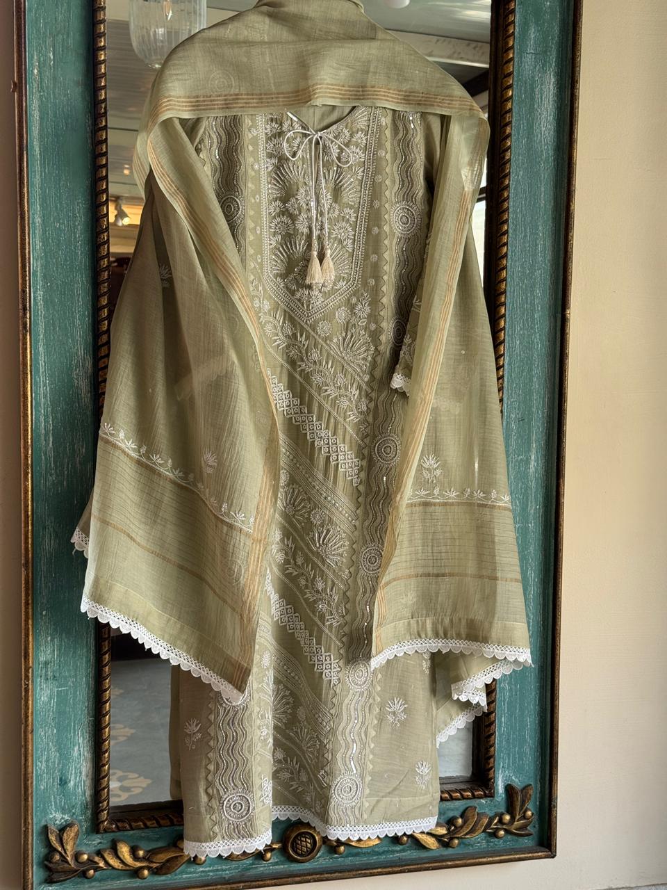 Olive Green Mulmul Pearl White Chikankari Ready to Wear Kurta Set