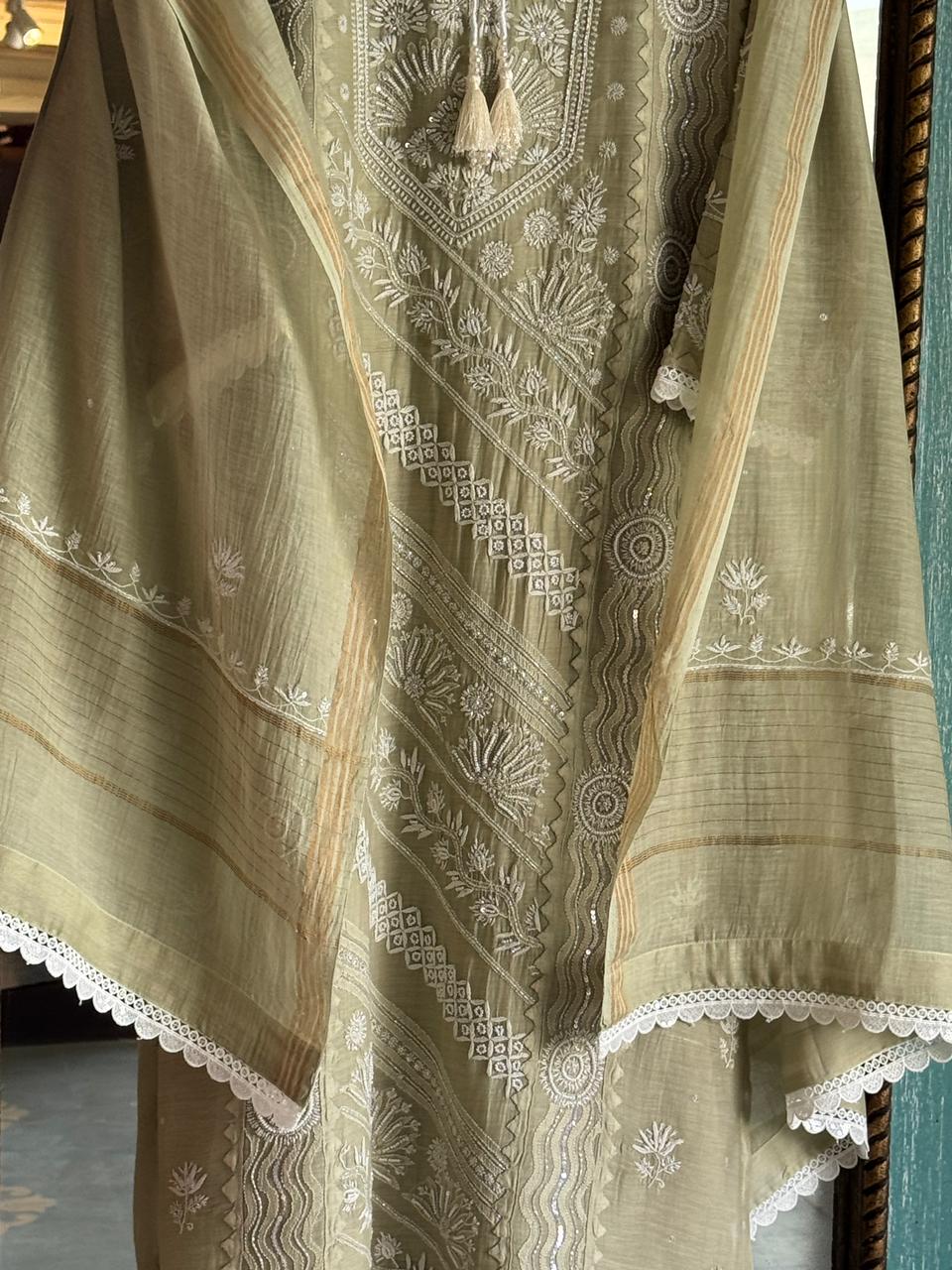 Olive Green Mulmul Pearl White Chikankari Ready to Wear Kurta Set