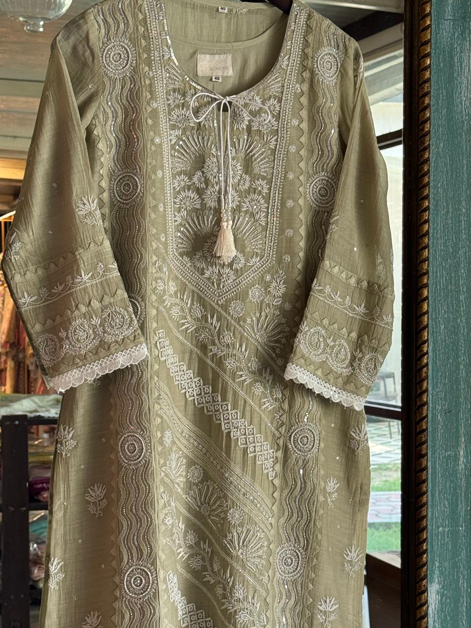 Olive Green Mulmul Pearl White Chikankari Ready to Wear Kurta Set