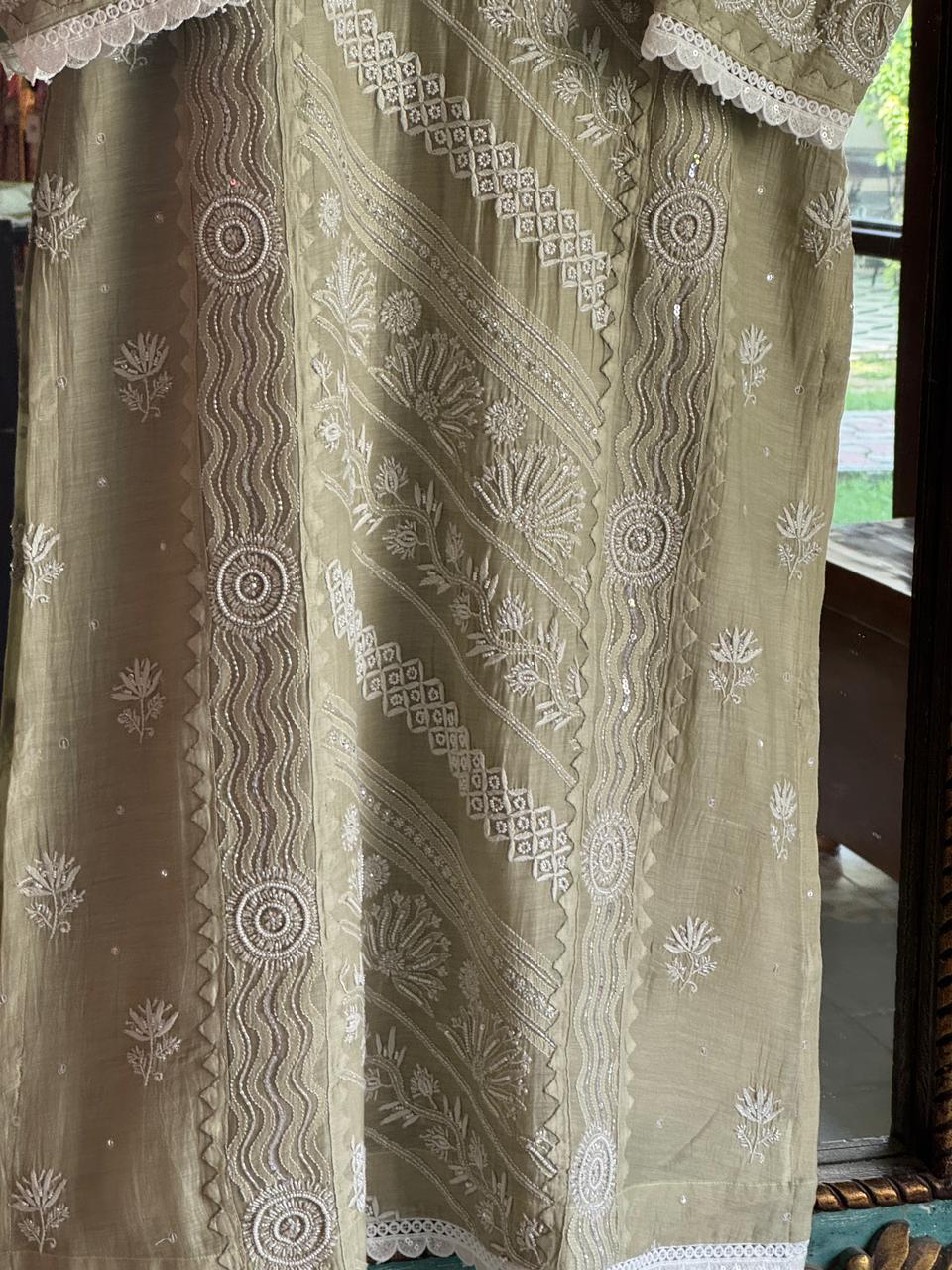 Olive Green Mulmul Pearl White Chikankari Ready to Wear Kurta Set