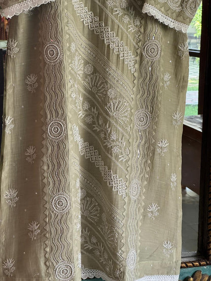 Olive Green Mulmul Pearl White Chikankari Ready to Wear Kurta Set