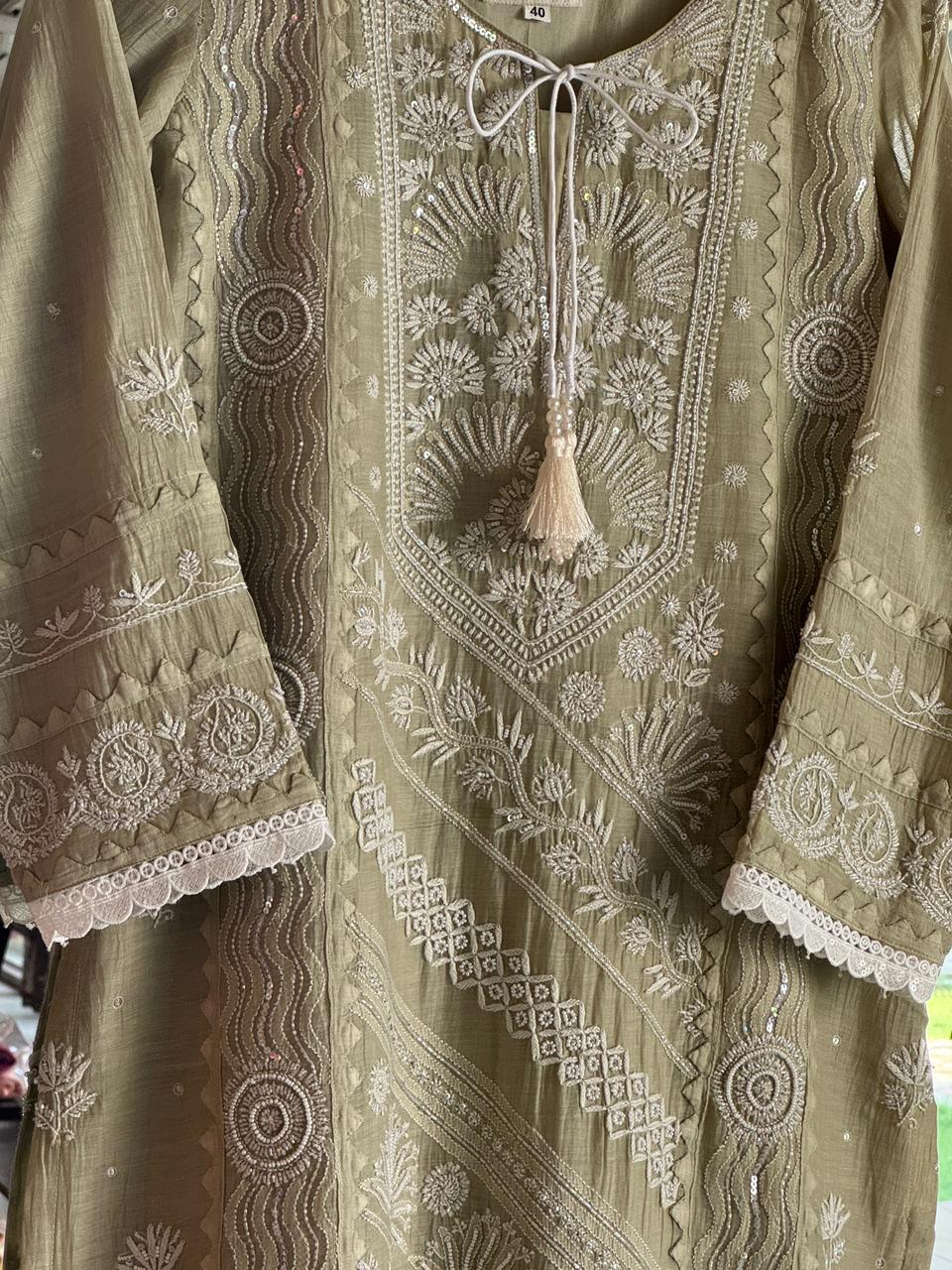 Olive Green Mulmul Pearl White Chikankari Ready to Wear Kurta Set