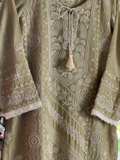Olive Green Mulmul Pearl White Chikankari Ready to Wear Kurta Set