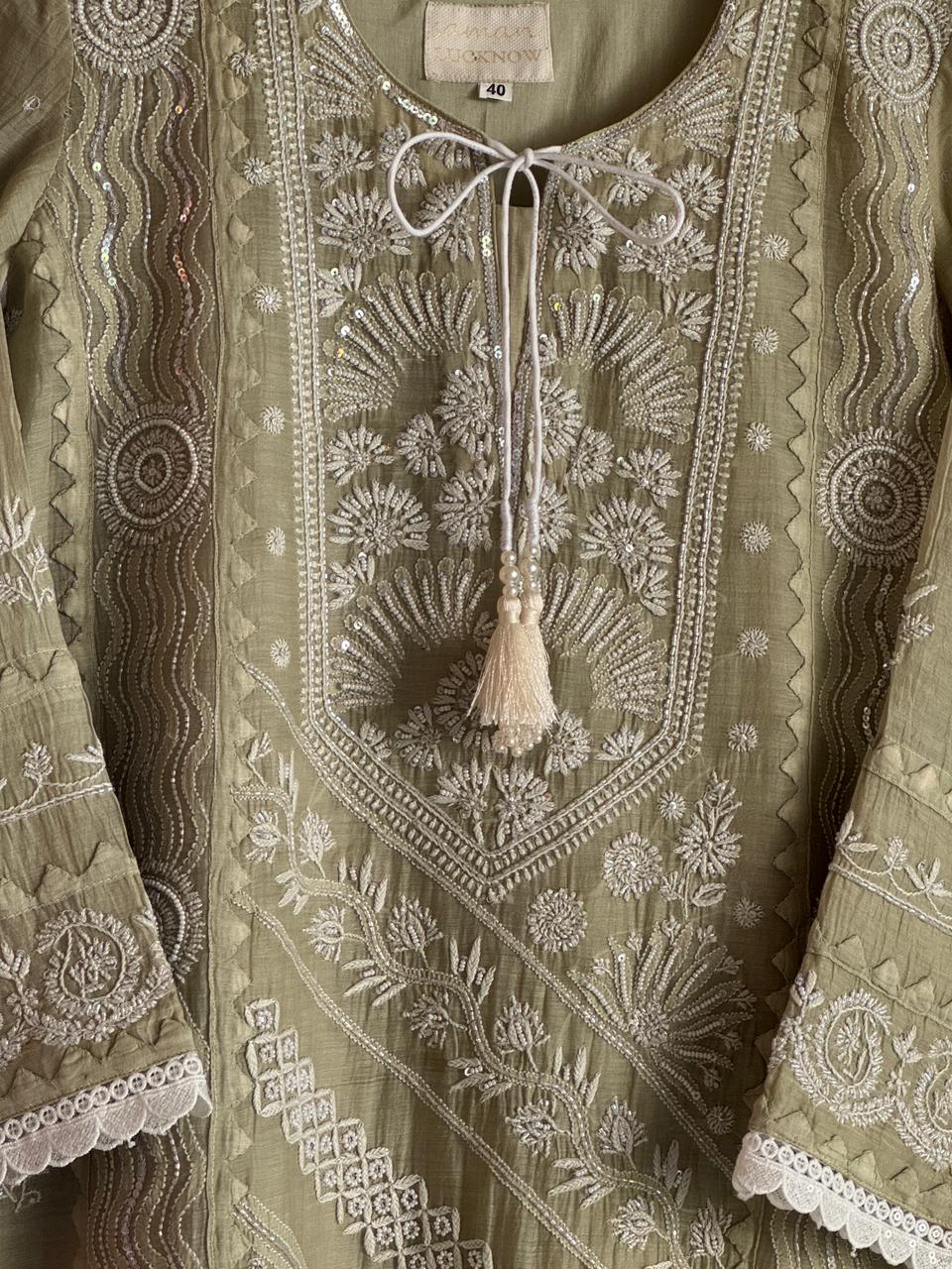 Olive Green Mulmul Pearl White Chikankari Ready to Wear Kurta Set
