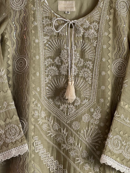 Olive Green Mulmul Pearl White Chikankari Ready to Wear Kurta Set