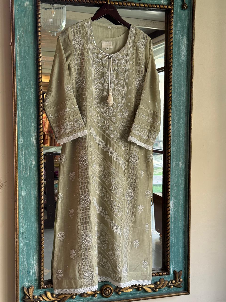 Olive Green Mulmul Pearl White Chikankari Ready to Wear Kurta Set