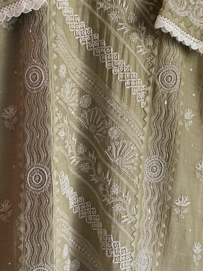 Olive Green Mulmul Pearl White Chikankari Ready to Wear Kurta Set