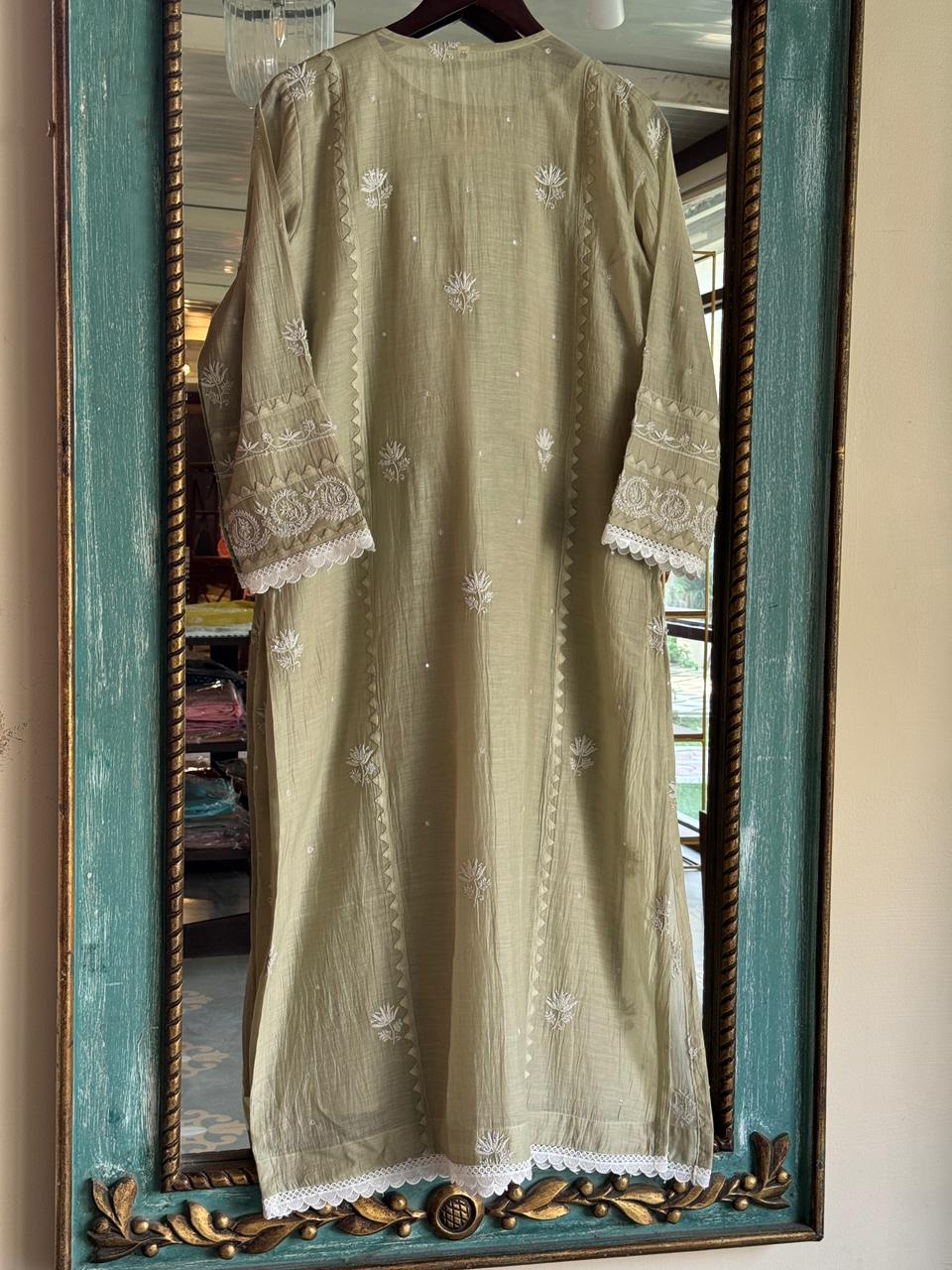 Olive Green Mulmul Pearl White Chikankari Ready to Wear Kurta Set