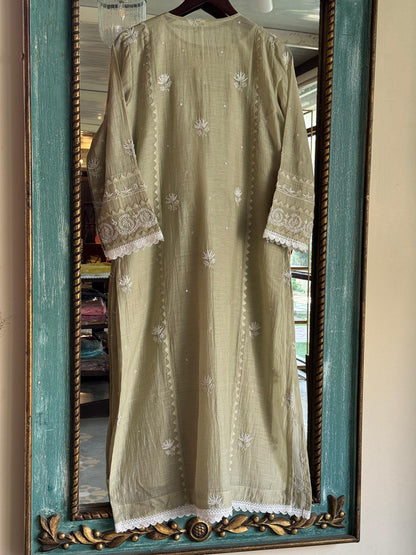 Olive Green Mulmul Pearl White Chikankari Ready to Wear Kurta Set