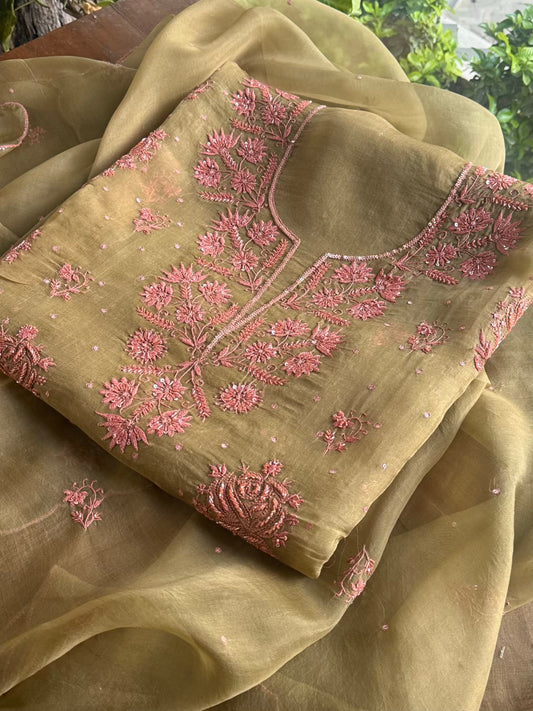 Olive Green Noor Organza Silk Chikankari Unstitched Kurta Dupatta Set