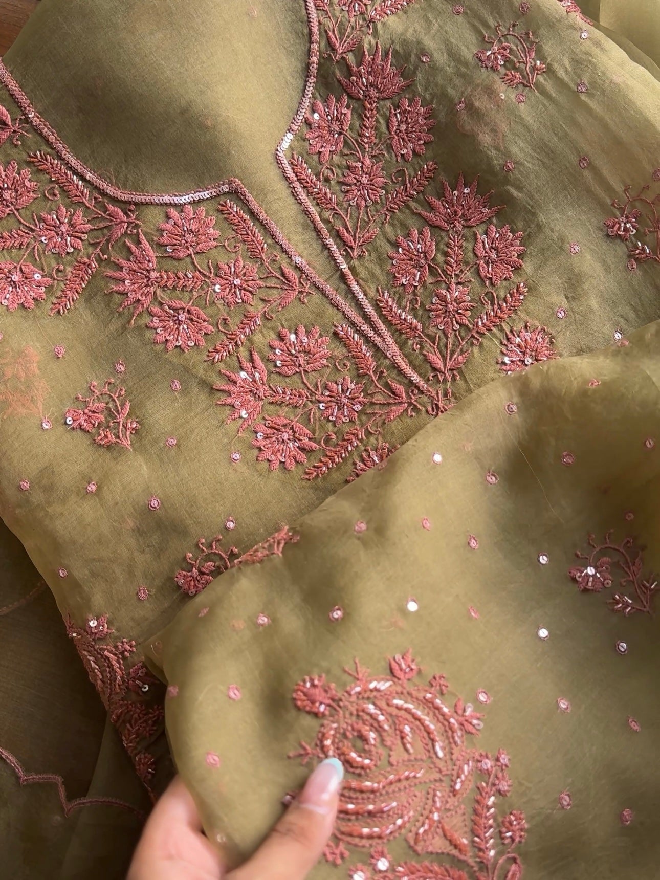 Olive Green Noor Organza Silk Chikankari Unstitched Kurta Dupatta Set
