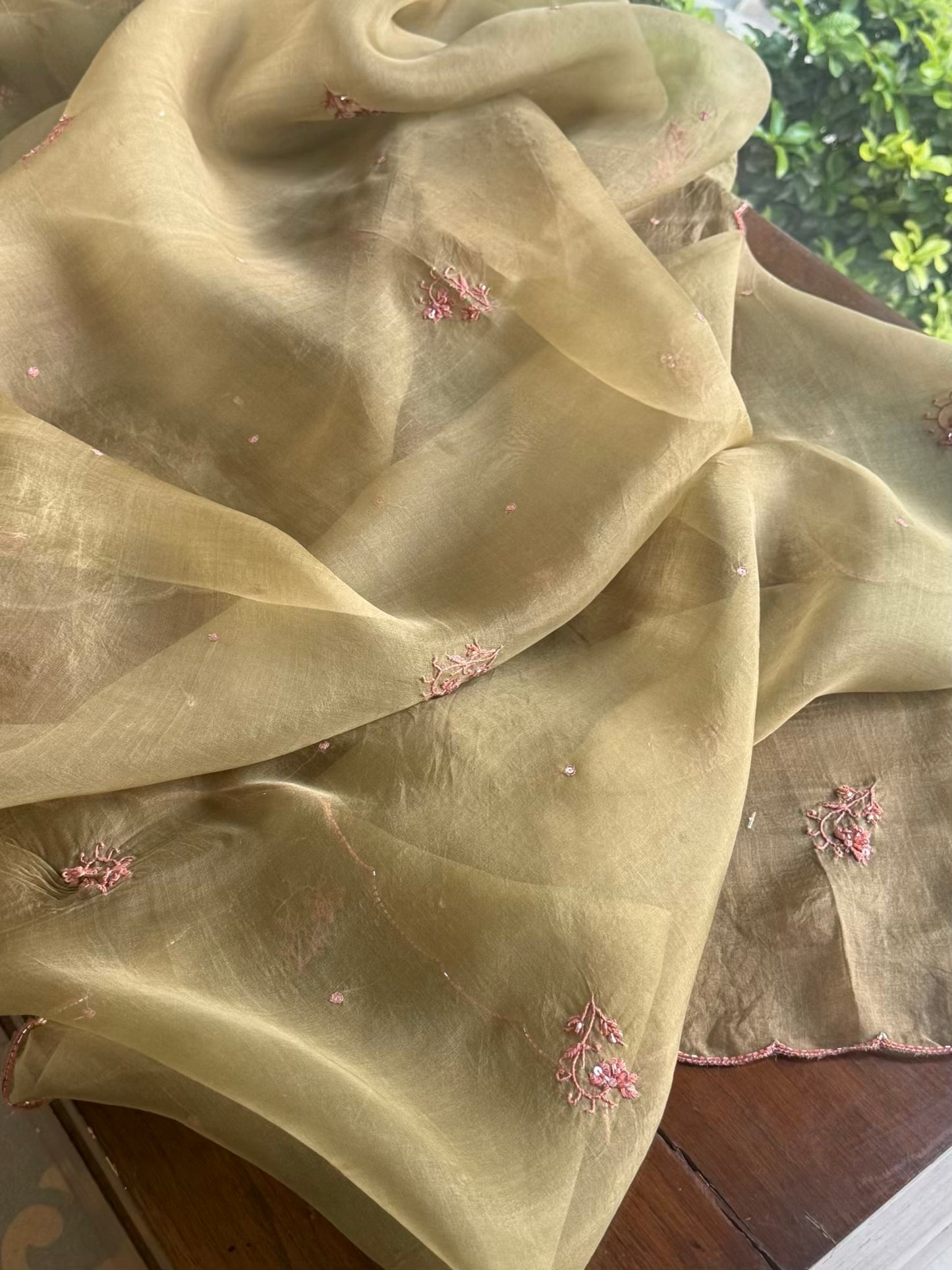 Olive Green Noor Organza Silk Chikankari Unstitched Kurta Dupatta Set