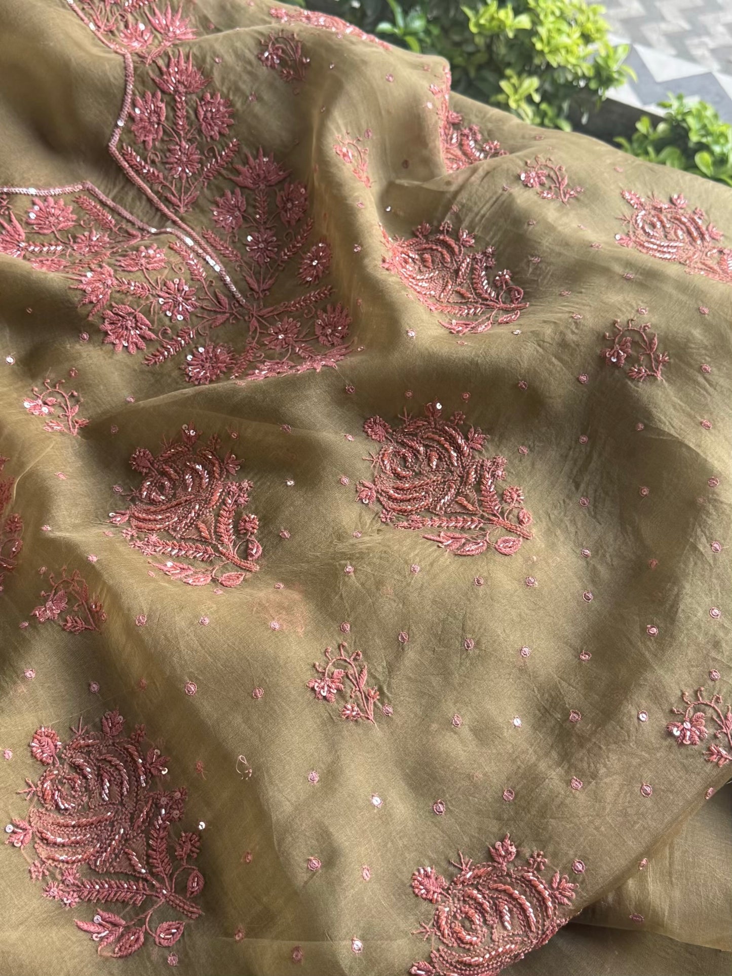 Olive Green Noor Organza Silk Chikankari Unstitched Kurta Dupatta Set