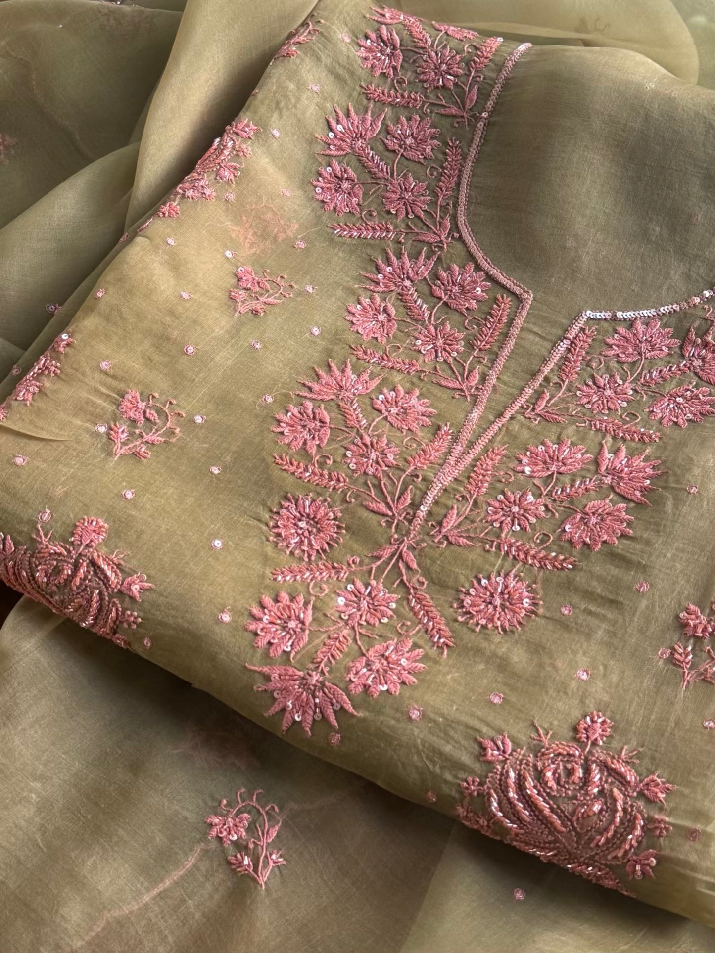 Olive Green Noor Organza Silk Chikankari Unstitched Kurta Dupatta Set