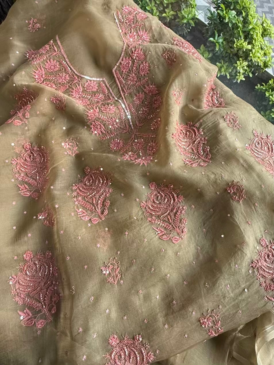 Olive Green Noor Organza Silk Chikankari Unstitched Kurta Dupatta Set