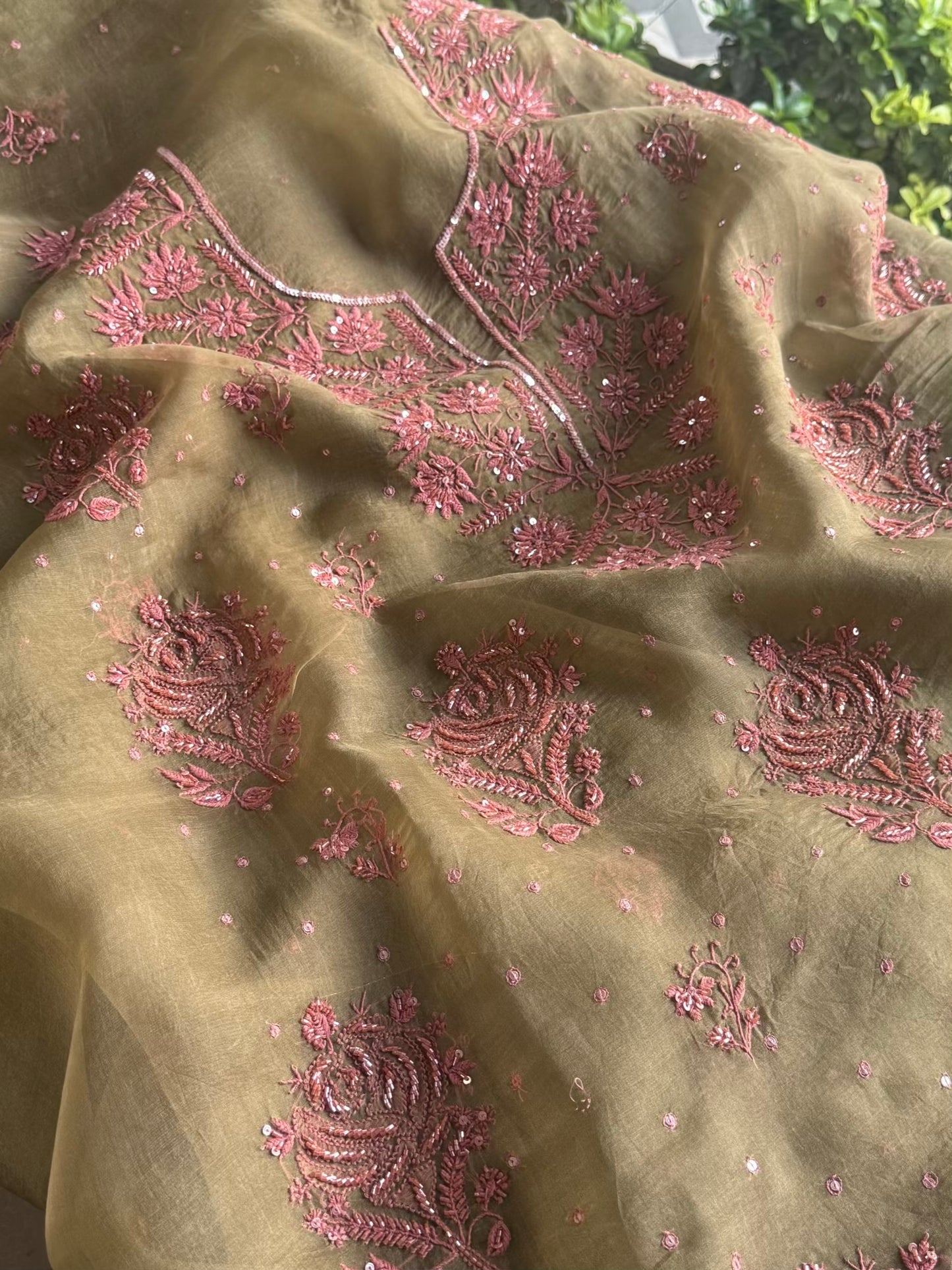 Olive Green Noor Organza Silk Chikankari Unstitched Kurta Dupatta Set