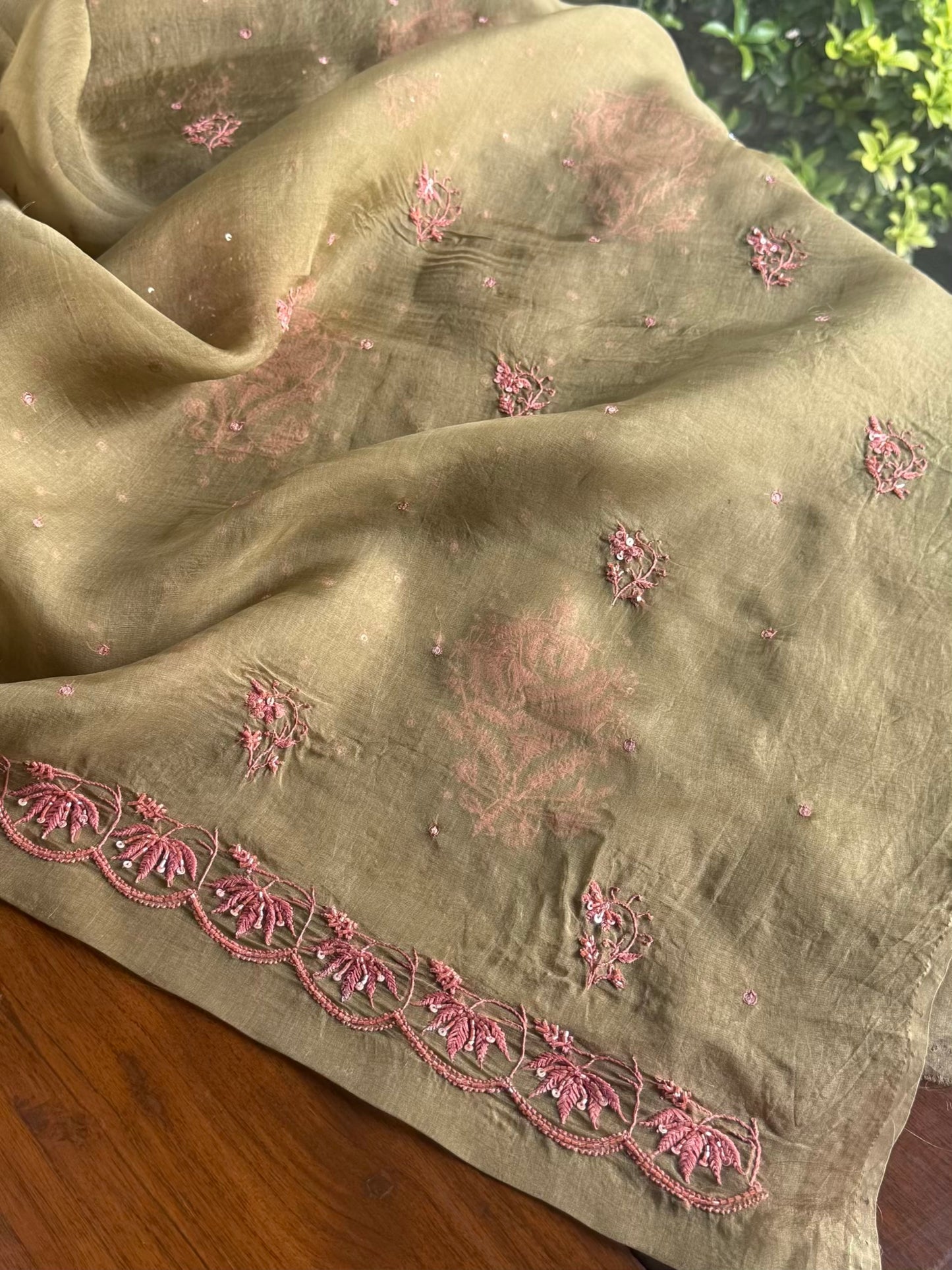 Olive Green Noor Organza Silk Chikankari Unstitched Kurta Dupatta Set