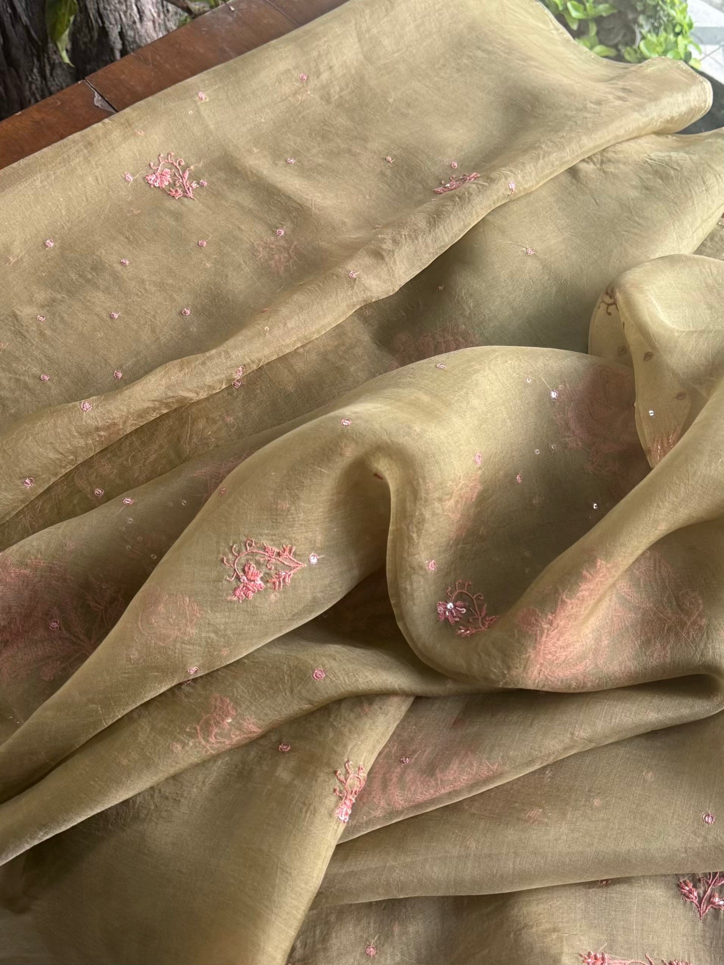 Olive Green Noor Organza Silk Chikankari Unstitched Kurta Dupatta Set