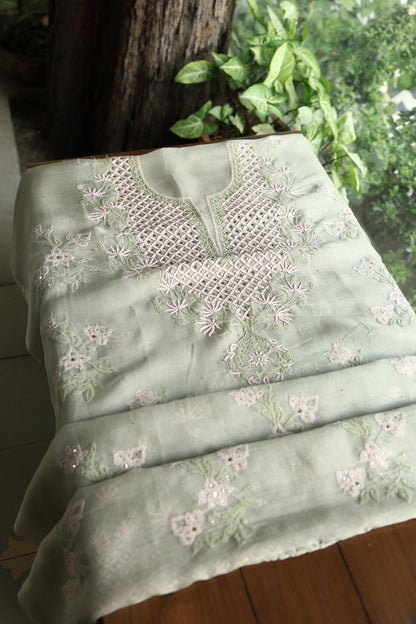 Olive Green Noor Organza Silk Chikankari With Kamdani Fabric