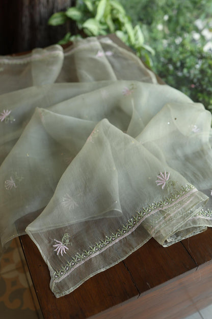 Olive Green Noor Organza Silk Chikankari With Kamdani Fabric