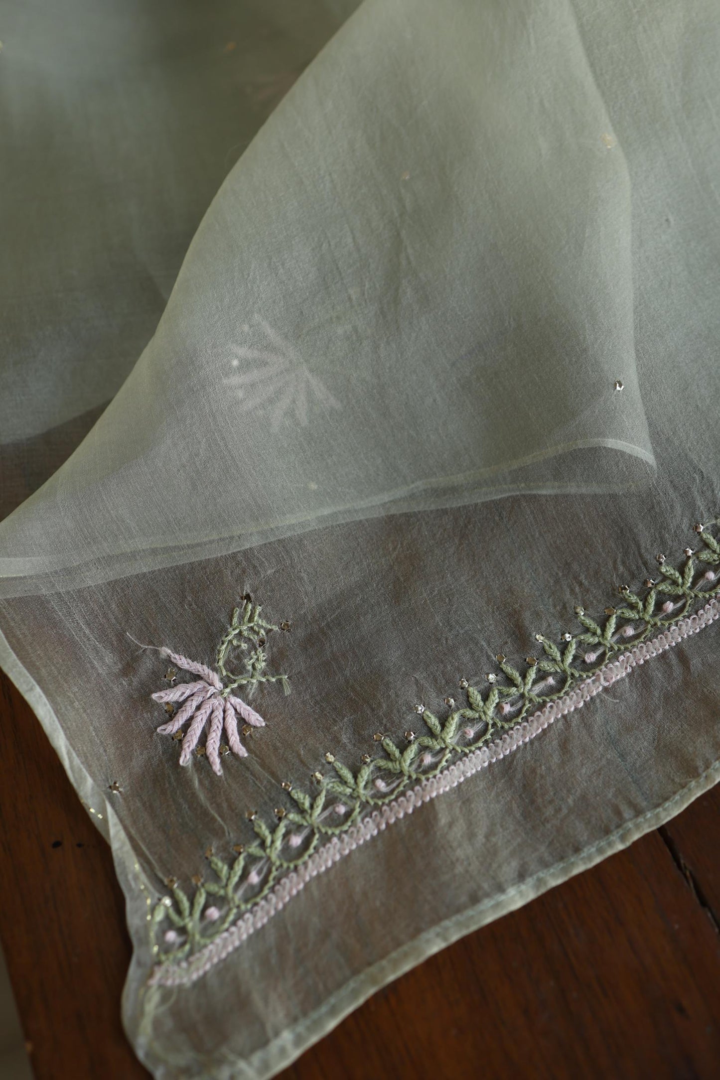 Olive Green Noor Organza Silk Chikankari With Kamdani Fabric