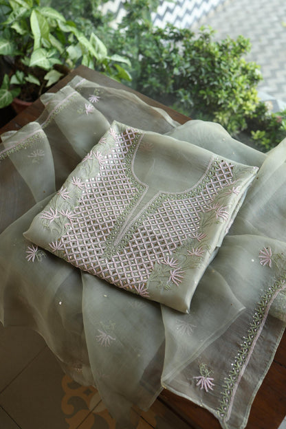 Olive Green Noor Organza Silk Chikankari With Kamdani Fabric