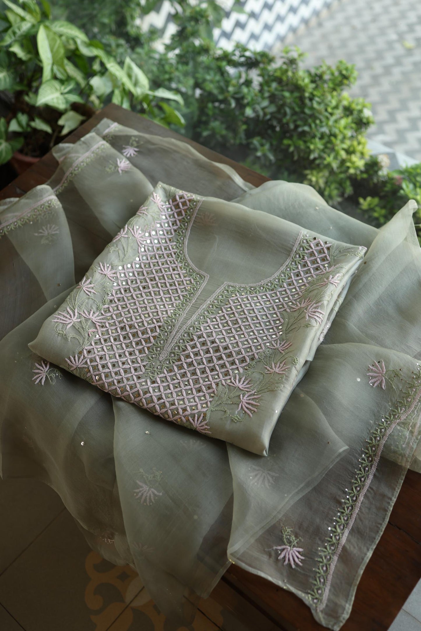 Olive Green Noor Organza Silk Chikankari With Kamdani Fabric