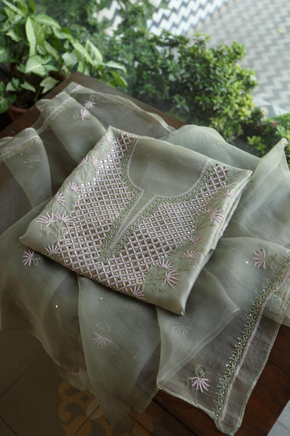 Olive Green Noor Organza Silk Chikankari With Kamdani Fabric