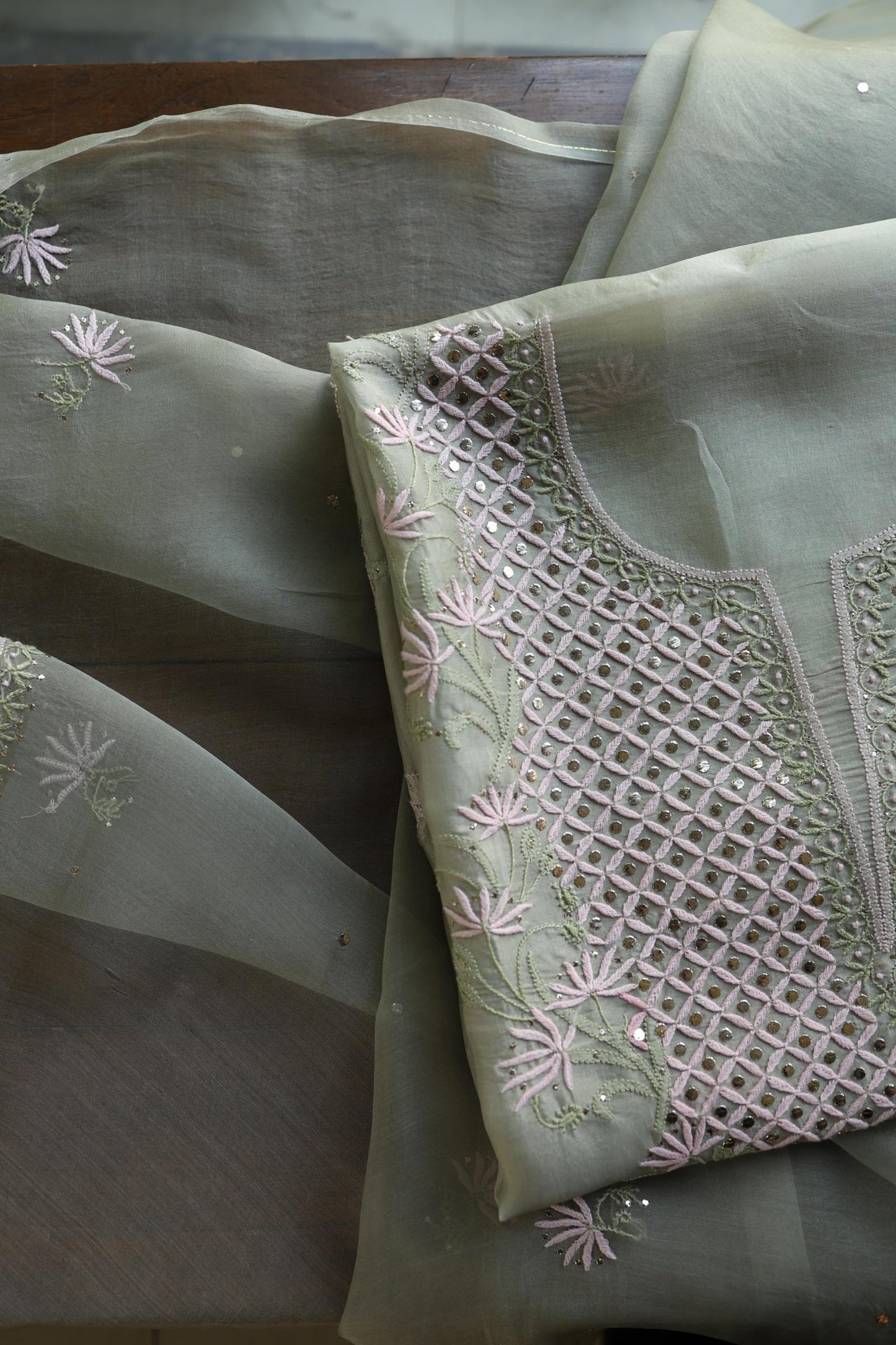 Olive Green Noor Organza Silk Chikankari With Kamdani Fabric