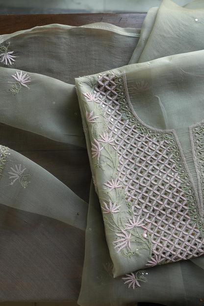 Olive Green Noor Organza Silk Chikankari With Kamdani Fabric