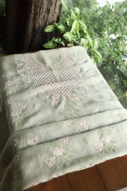Olive Green Noor Organza Silk Chikankari With Kamdani Fabric