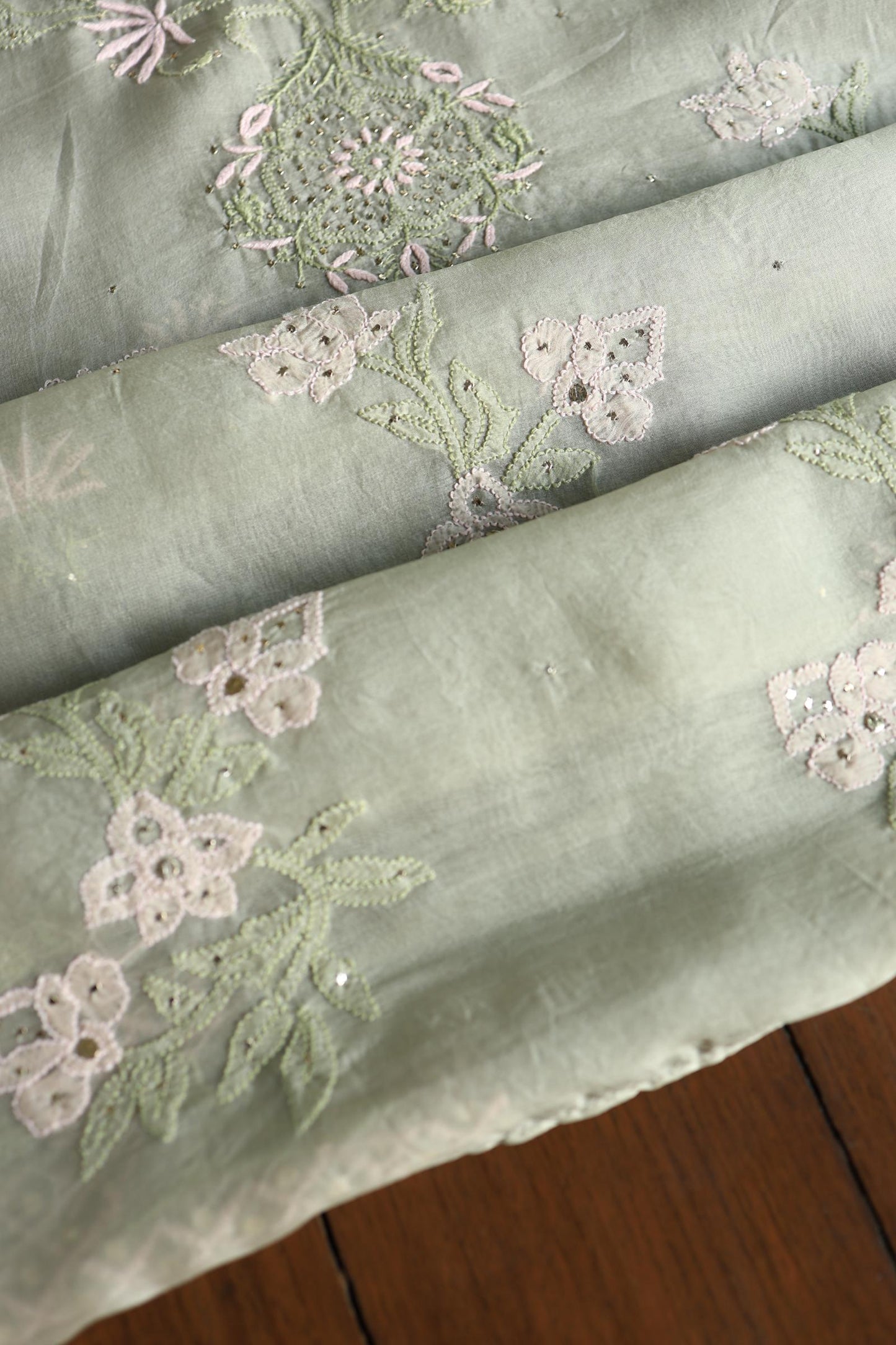 Olive Green Noor Organza Silk Chikankari With Kamdani Fabric