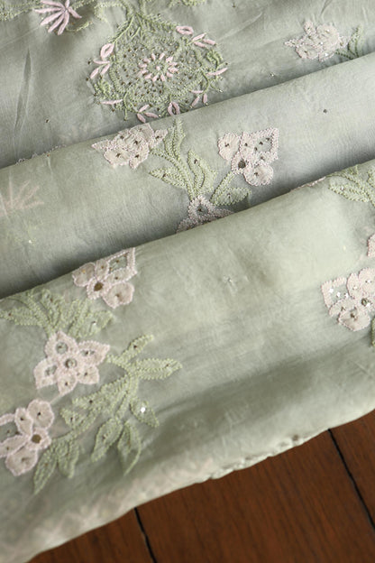 Olive Green Noor Organza Silk Chikankari With Kamdani Fabric