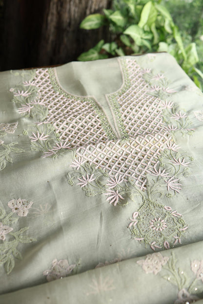 Olive Green Noor Organza Silk Chikankari With Kamdani Fabric