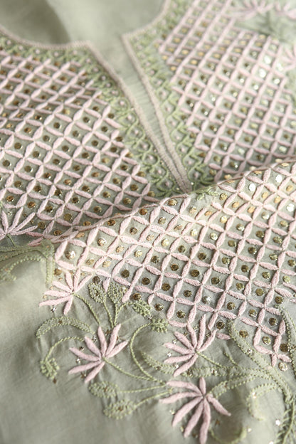 Olive Green Noor Organza Silk Chikankari With Kamdani Fabric