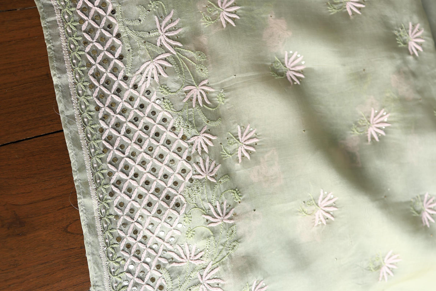 Olive Green Noor Organza Silk Chikankari With Kamdani Fabric