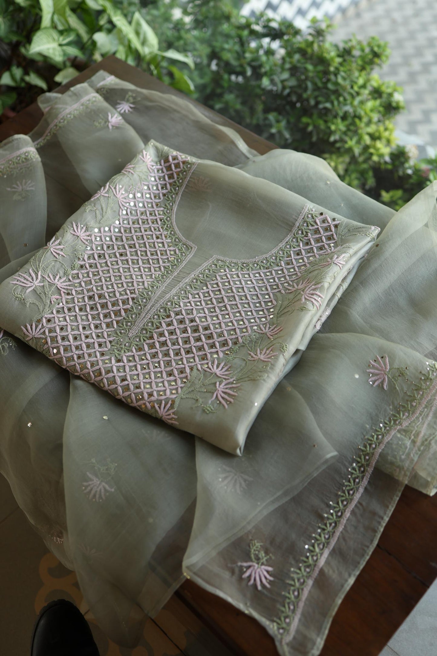 Olive Green Noor Organza Silk Chikankari With Kamdani Fabric