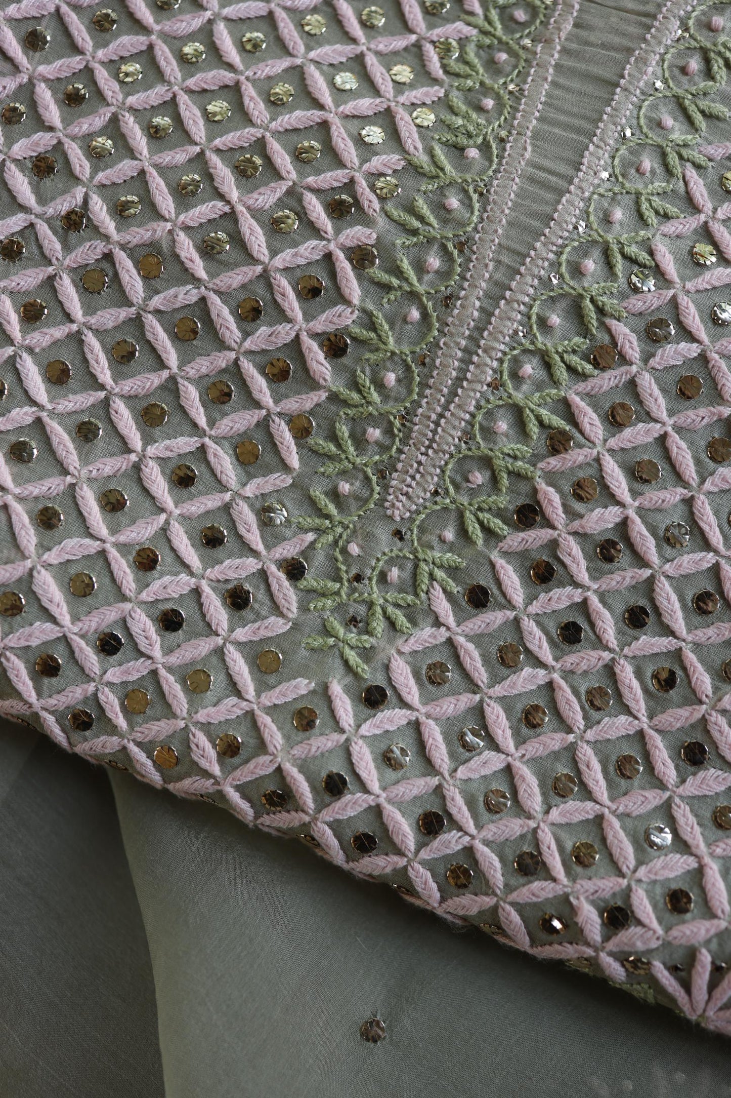Olive Green Noor Organza Silk Chikankari With Kamdani Fabric