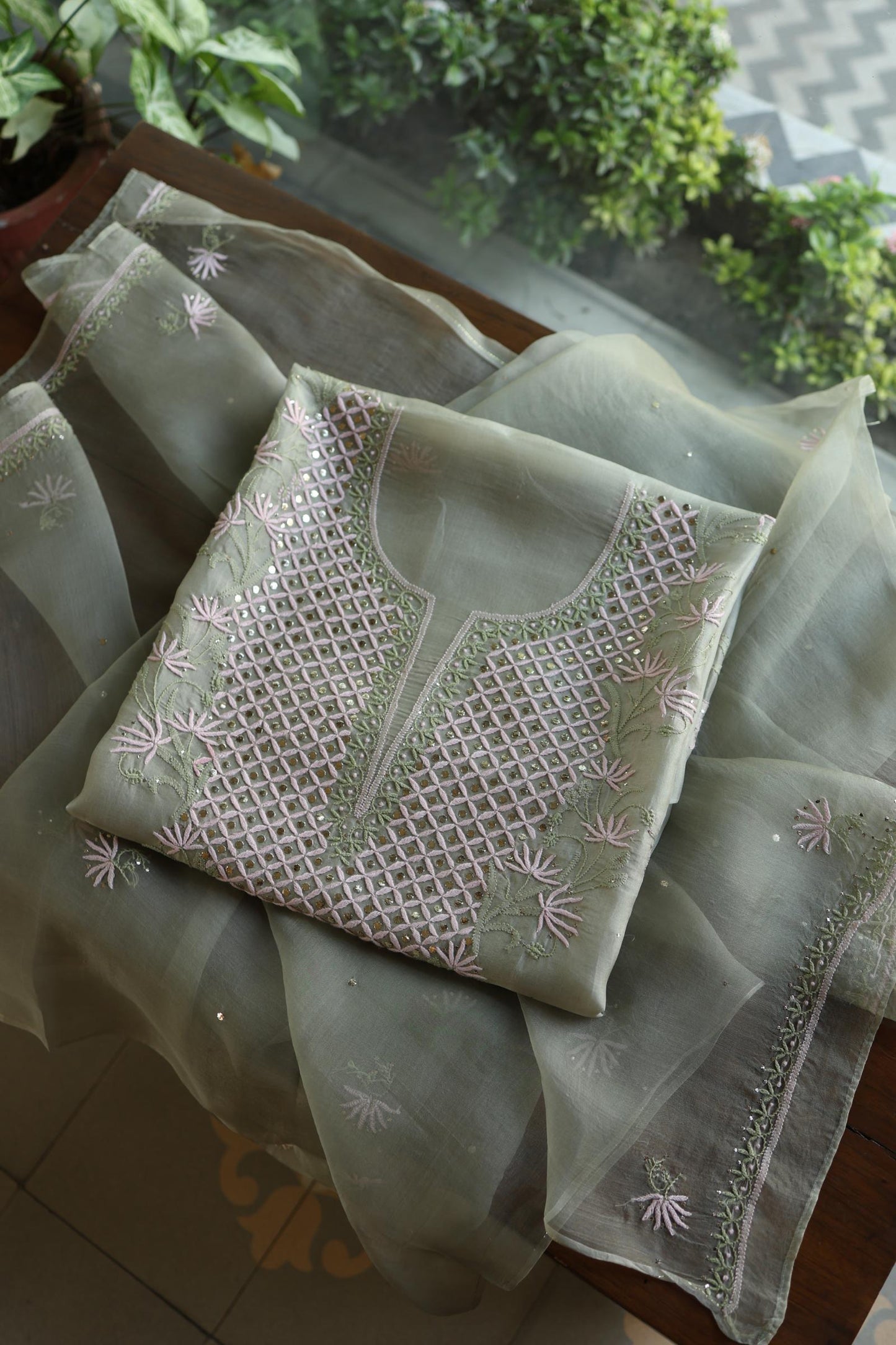 Olive Green Noor Organza Silk Chikankari With Kamdani Fabric