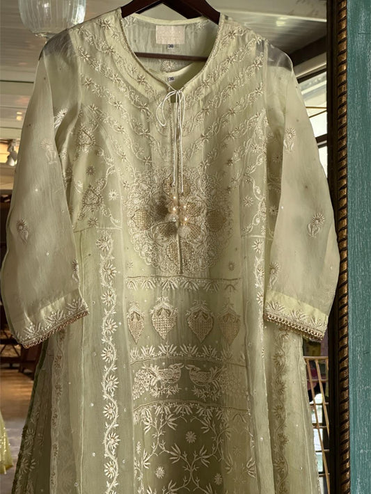 Olive Green Ombre Shade Noor Organza Chikankari A Line Kurta With Dupatta