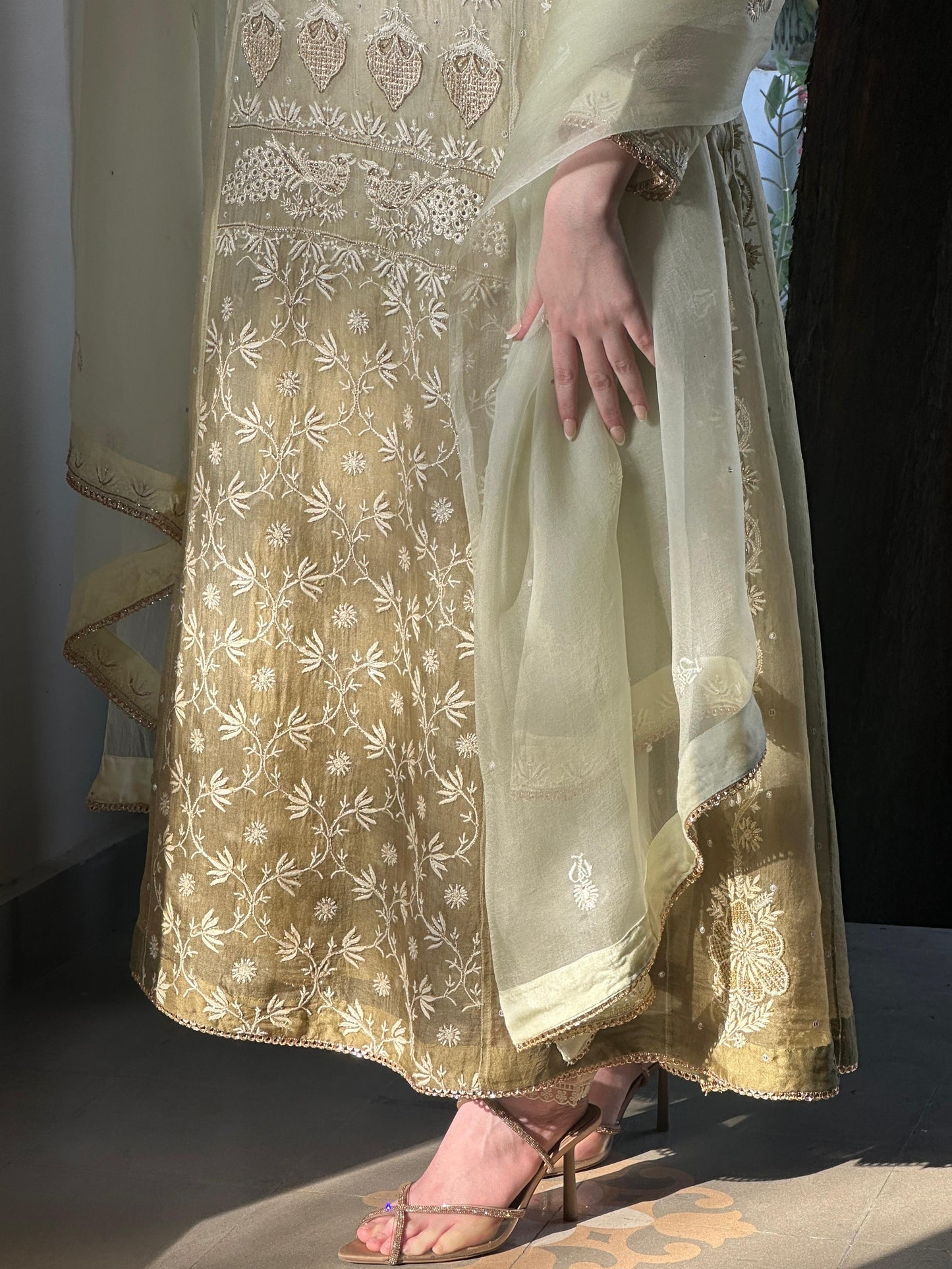 Olive Green Ombre Shade Noor Organza Chikankari A Line Kurta With Dupatta