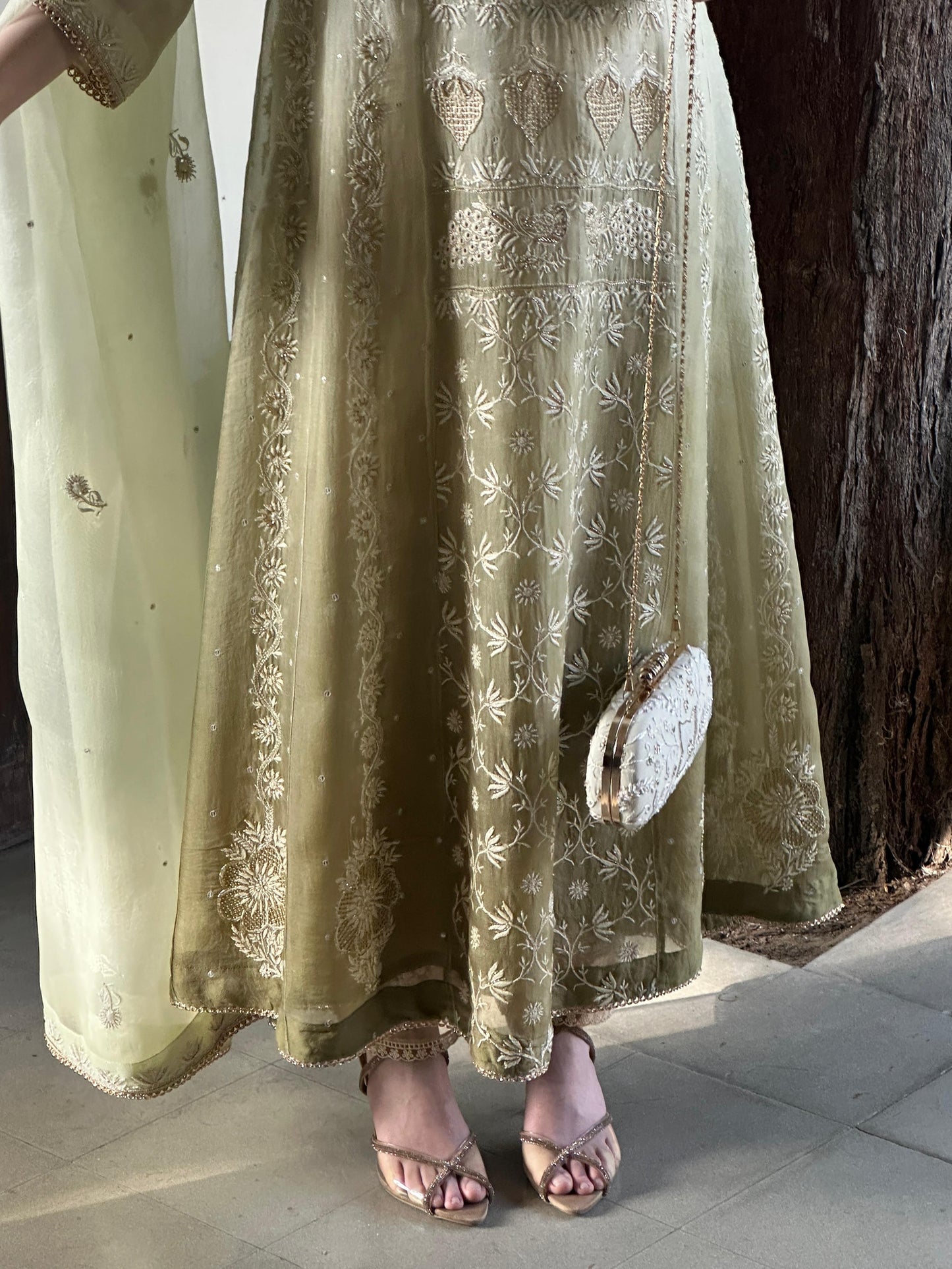 Olive Green Ombre Shade Noor Organza Chikankari A Line Kurta With Dupatta