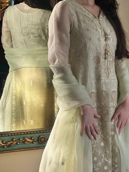 Olive Green Ombre Shade Noor Organza Chikankari A Line Kurta With Dupatta