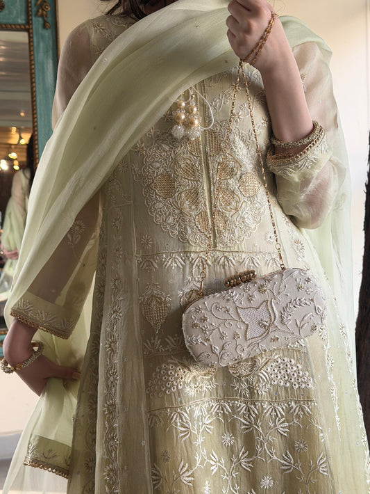 Olive Green Ombre Shade Noor Organza Chikankari A Line Kurta With Dupatta