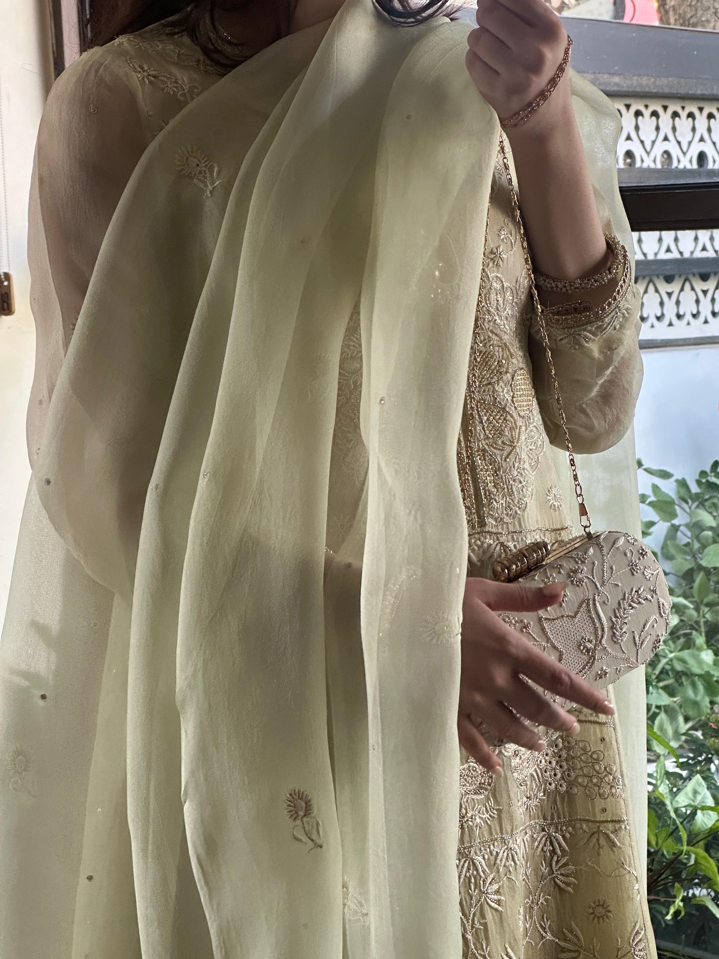 Olive Green Ombre Shade Noor Organza Chikankari A Line Kurta With Dupatta