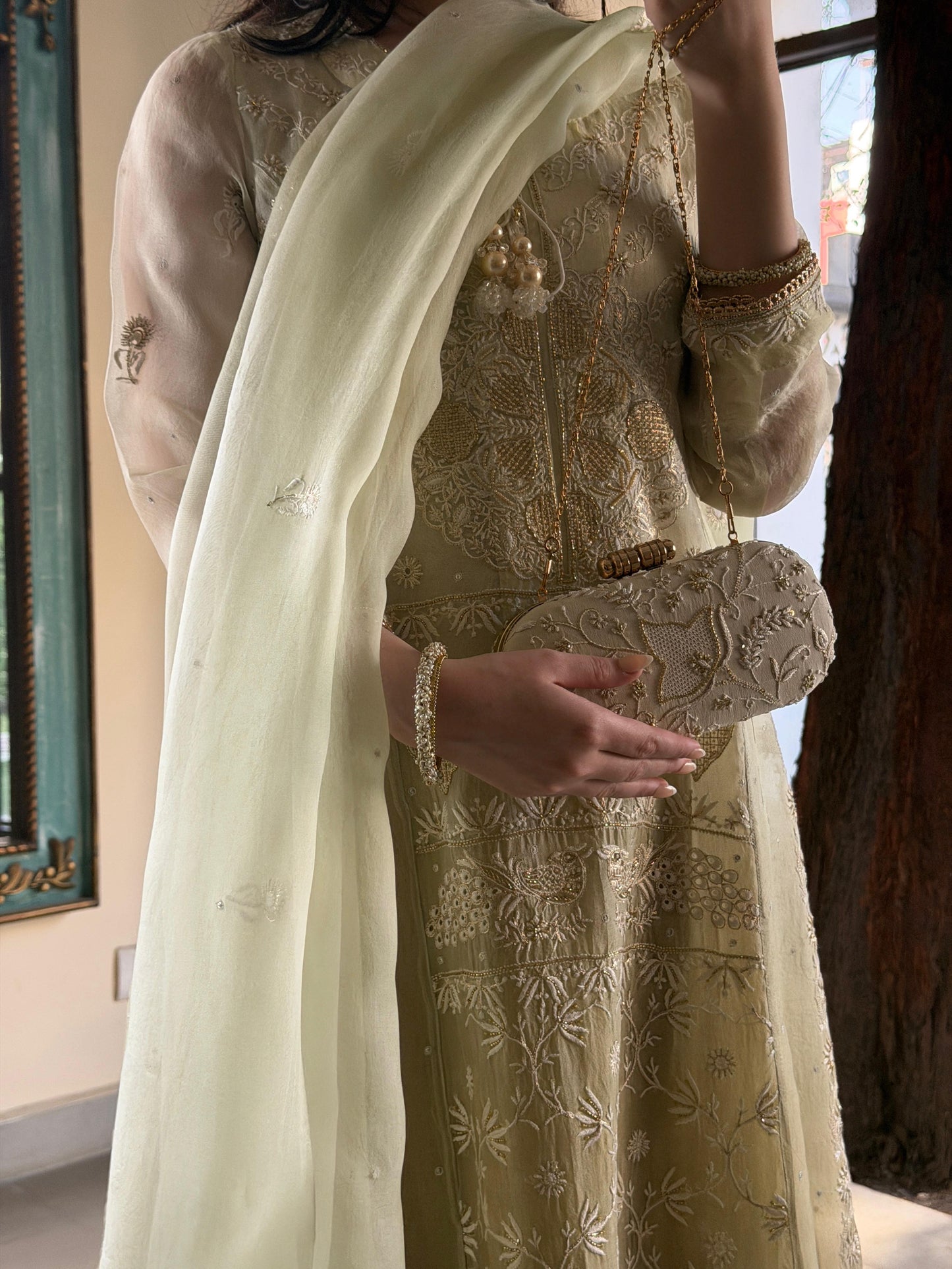 Olive Green Ombre Shade Noor Organza Chikankari A Line Kurta With Dupatta